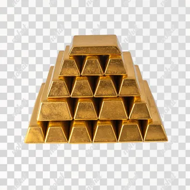 A pyramid of stacked gold bars on a white background, viewed from the front.   drawing, BW photo
