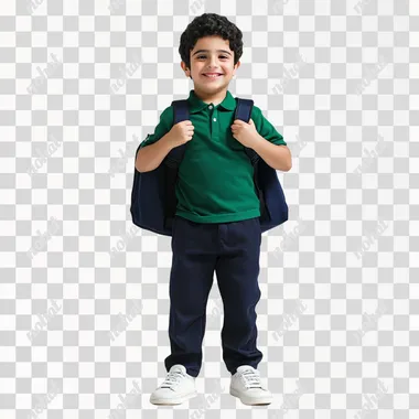 A full-body photograph of an disabilities young Egyptian boy, wearing a green polo shirt and navy blue pants with white shoes, smiling and holding a school bag on his shoulder, against a white background, Profesional studio lighting, high realistic