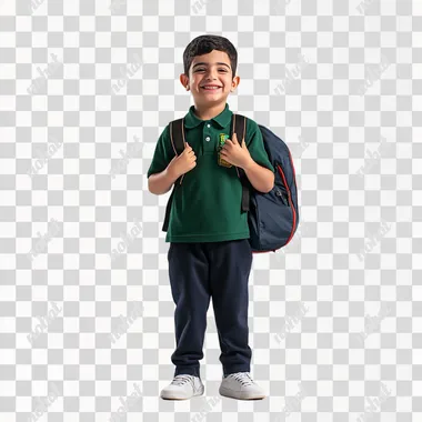 A full-body photograph of an disabilities young Egyptian boy, wearing a green polo shirt and navy blue pants with white shoes, smiling and holding a school bag on his shoulder, against a white background, Profesional studio lighting, high realistic