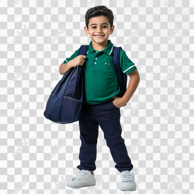 A full-body photograph of an disabilities young Egyptian boy, wearing a green polo shirt and navy blue pants with white shoes, smiling and holding a school bag on his shoulder, against a white background, Profesional studio lighting, high realistic