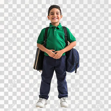 A full-body photograph of an disabilities young Egyptian boy, wearing a green polo shirt and navy blue pants with white shoes, smiling and holding a school bag on his shoulder, against a white background, Profesional studio lighting, high realistic
