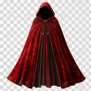 illustration of hooded velvet cape, feminine stylish ,scarlet, clipart no background, vintage, story book art style, highly detailed