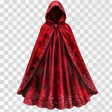 illustration of hooded velvet cape, feminine stylish ,scarlet, clipart no background, vintage, story book art style, highly detailed