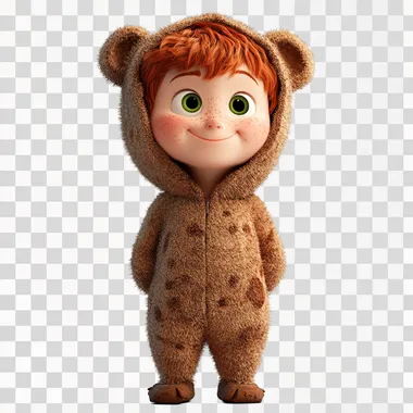 Cute boy with red hair, green eyes, wearing a bear costume, looking to the side and laughing, on a solid background, full-length portrait, simple style, in the style of Pixar animation character design, with 3D rendering, in high resolution and on a white solid background.