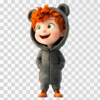 Cute boy with red hair, green eyes, wearing a bear costume, looking to the side and laughing, on a solid background, full-length portrait, simple style, in the style of Pixar animation character design, with 3D rendering, in high resolution and on a white solid background.