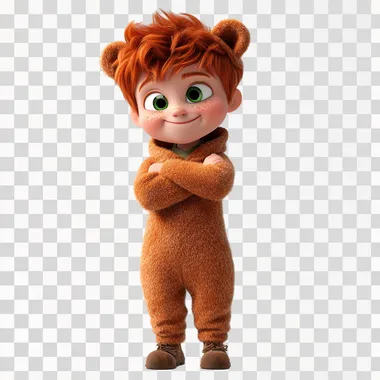 Cute boy with red hair, green eyes, wearing a bear costume, looking to the side and laughing, on a solid background, full-length portrait, simple style, in the style of Pixar animation character design, with 3D rendering, in high resolution and on a white solid background.