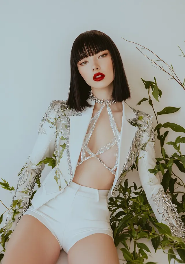 Fashion model in white skirt and jacket poses in urban greenery setting