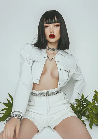 A beautiful model wearing a white skirt with a shirt and cropped jacket designed in the style of Alexander McQueen. The top has long sleeves with silver trim. She has shoulder length black straight hair with bangs and is wearing red lipstick, sitting on an all-white background. There is some greenery around her legs, and she is wearing a large chain necklace. This is a fashion photography editorial look for Vogue magazine