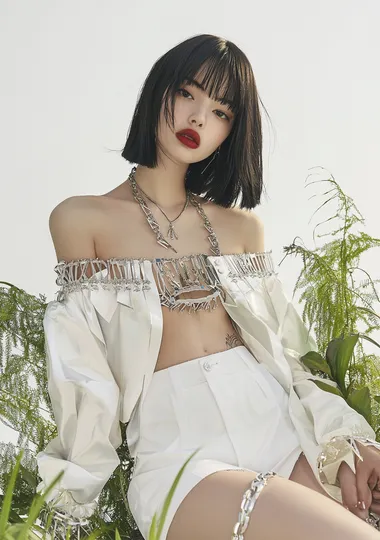 A beautiful model wearing a white skirt with a shirt and cropped jacket designed in the style of Alexander McQueen. The top has long sleeves with silver trim. She has shoulder length black straight hair with bangs and is wearing red lipstick, sitting on an all-white background. There is some greenery around her legs, and she is wearing a large chain necklace. This is a fashion photography editorial look for Vogue magazine