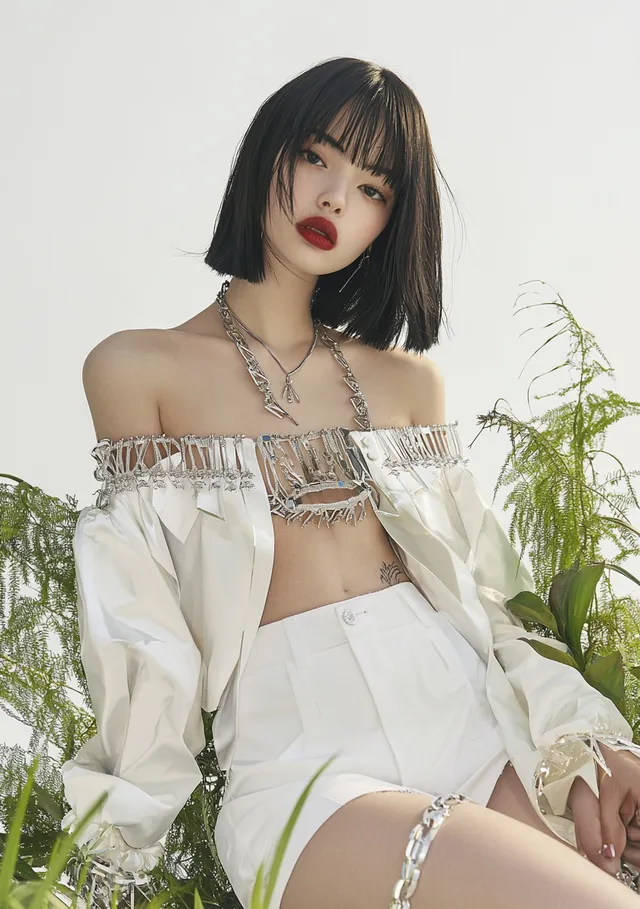 Fashion model sitting cross-legged in a white skirt on a studio floor