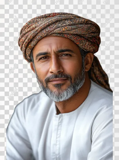 Omani man with traditional Oman Outfit wearing amamah headwear, realistic isolated on white