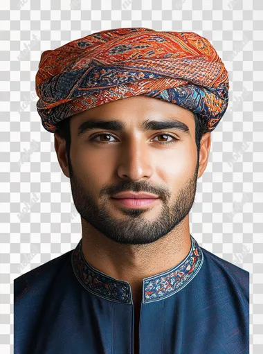 Omani man with traditional Oman Outfit wearing amamah headwear, realistic isolated on white