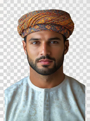 Omani man with traditional Oman Outfit wearing amamah headwear, realistic isolated on white