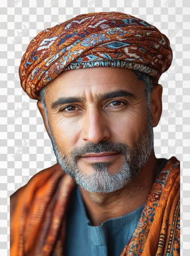 Omani man with traditional Oman Outfit wearing amamah headwear, realistic isolated on white