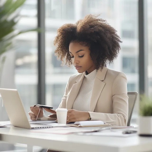 African American entrepreneur at modern desk in bright office setup