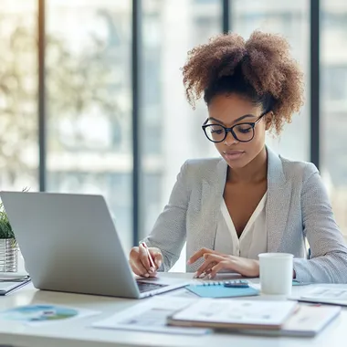A beautiful 20 year old african american entrepreneur working at a sleek, modern desk in a bright, minimalist office. She is surrounded by business tools like a laptop, smartphone, and notebook, with a coffee cup next to her. The background includes soft natural light from a large window, giving a clean, airy feel. Emphasize professionalism and productivity with soft pastel colors, smooth textures, and modern technology elements. Include subtle business charts or graphics on the desk to symbolize planning and strategy