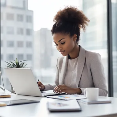 A beautiful 20 year old african american entrepreneur working at a sleek, modern desk in a bright, minimalist office. She is surrounded by business tools like a laptop, smartphone, and notebook, with a coffee cup next to her. The background includes soft natural light from a large window, giving a clean, airy feel. Emphasize professionalism and productivity with soft pastel colors, smooth textures, and modern technology elements. Include subtle business charts or graphics on the desk to symbolize planning and strategy