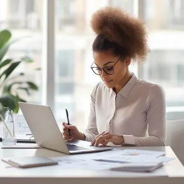 A beautiful 20 year old african american entrepreneur working at a sleek, modern desk in a bright, minimalist office. She is surrounded by business tools like a laptop, smartphone, and notebook, with a coffee cup next to her. The background includes soft natural light from a large window, giving a clean, airy feel. Emphasize professionalism and productivity with soft pastel colors, smooth textures, and modern technology elements. Include subtle business charts or graphics on the desk to symbolize planning and strategy