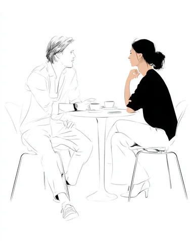 Side view of a man and woman sitting at a sleek white table, sharing a discussion over coffee, their expressions animated, with crisp black outlines and soft white tones enhancing the simplicity of the scene.   4drdwef