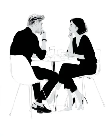 Side view of a man and woman sitting at a sleek white table, sharing a discussion over coffee, their expressions animated, with crisp black outlines and soft white tones enhancing the simplicity of the scene.   4drdwef