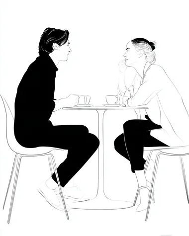 Side view of a man and woman sitting at a sleek white table, sharing a discussion over coffee, their expressions animated, with crisp black outlines and soft white tones enhancing the simplicity of the scene.   4drdwef