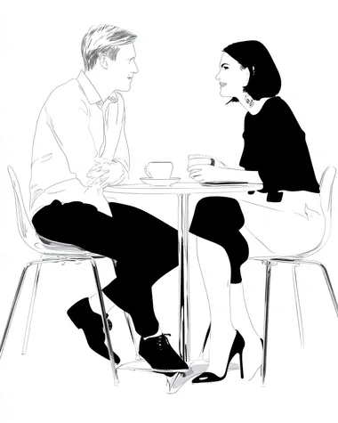 Side view of a man and woman sitting at a sleek white table, sharing a discussion over coffee, their expressions animated, with crisp black outlines and soft white tones enhancing the simplicity of the scene.   4drdwef