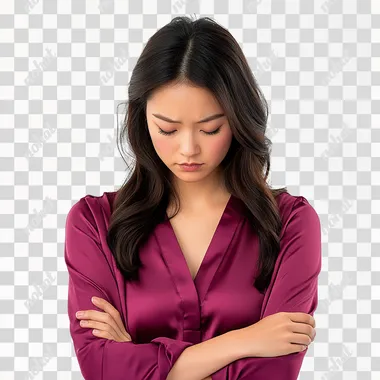 an ultra realistic shot generated by a Canon D850, full body, of a 25 year old woman, head down, with her arms crossed, an expression of sadness, wearing a dark pink blouse, white bg