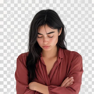 an ultra realistic shot generated by a Canon D850, full body, of a 25 year old woman, head down, with her arms crossed, an expression of sadness, wearing a dark pink blouse, white bg