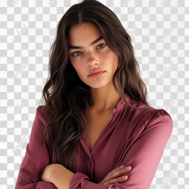 an ultra realistic shot generated by a Canon D850, full body, of a 25 year old woman, head down, with her arms crossed, an expression of sadness, wearing a dark pink blouse, white bg