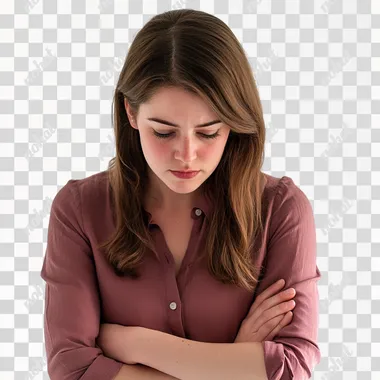 an ultra realistic shot generated by a Canon D850, full body, of a 25 year old woman, head down, with her arms crossed, an expression of sadness, wearing a dark pink blouse, white bg