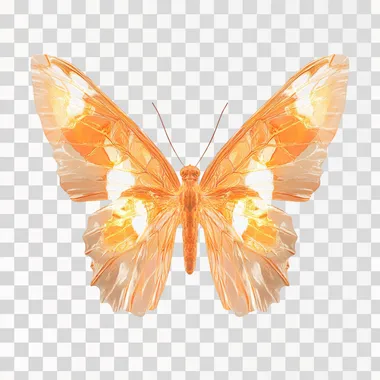 photo of a orange glowing butterfly back view flying isolated on white background