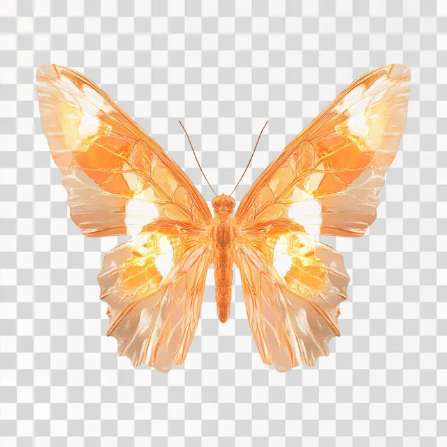 Glowing Orange Butterfly in Flight on White Background