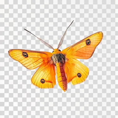 photo of a orange glowing butterfly back view flying isolated on white background