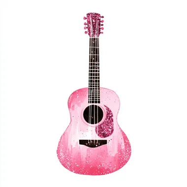 minimalist cartoon pink glitter acoustic guitar illustration for childrens book, aquarellist, white background 2D flat