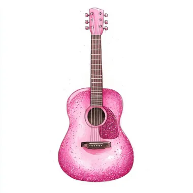 minimalist cartoon pink glitter acoustic guitar illustration for childrens book, aquarellist, white background 2D flat