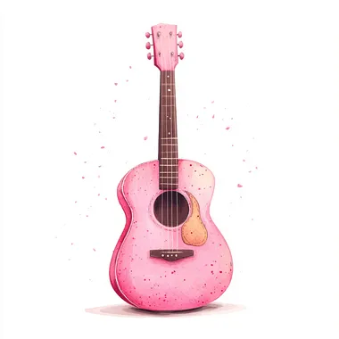 minimalist cartoon pink glitter acoustic guitar illustration for childrens book, aquarellist, white background 2D flat