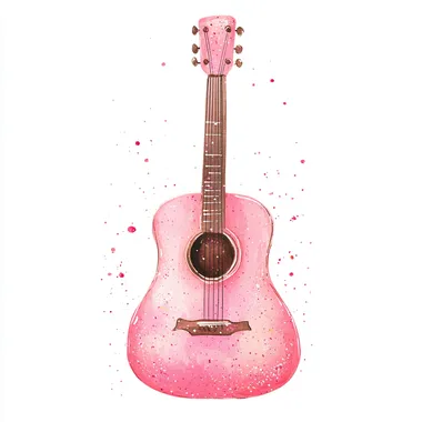 minimalist cartoon pink glitter acoustic guitar illustration for childrens book, aquarellist, white background 2D flat