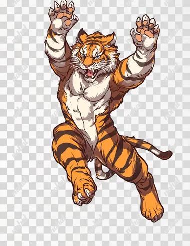 Tiger in mid-air, jumping upwards, full body, in the style of sticker, transparent background.