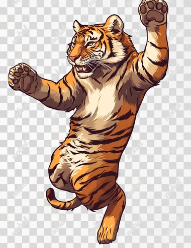 Tiger in mid-air, jumping upwards, full body, in the style of sticker, transparent background.