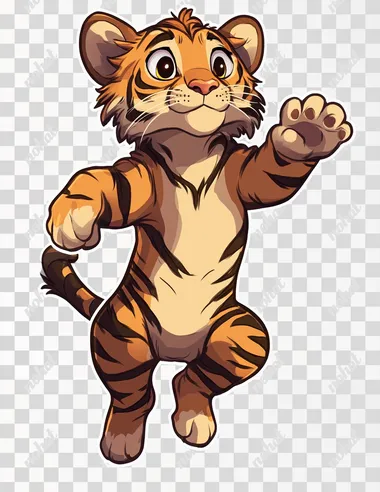 Tiger in mid-air, jumping upwards, full body, in the style of sticker, transparent background.