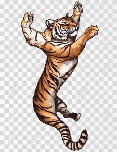 Tiger in mid-air, jumping upwards, full body, in the style of sticker, transparent background.