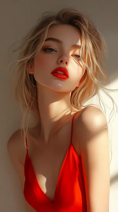 Girl, beautiful, deep gaze, red lips, blonde hair, bright and complete eyes, clearly defined lashes, high-definition quality, hair slightly flowing, each strand of hair clearly defined, red dress, strong colors, perfect light and shadow effects, flat art, vaporwave, best quality, yellow tone, harmonious colors.