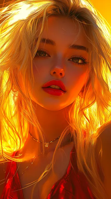 Girl, beautiful, deep gaze, red lips, blonde hair, bright and complete eyes, clearly defined lashes, high-definition quality, hair slightly flowing, each strand of hair clearly defined, red dress, strong colors, perfect light and shadow effects, flat art, vaporwave, best quality, yellow tone, harmonious colors.