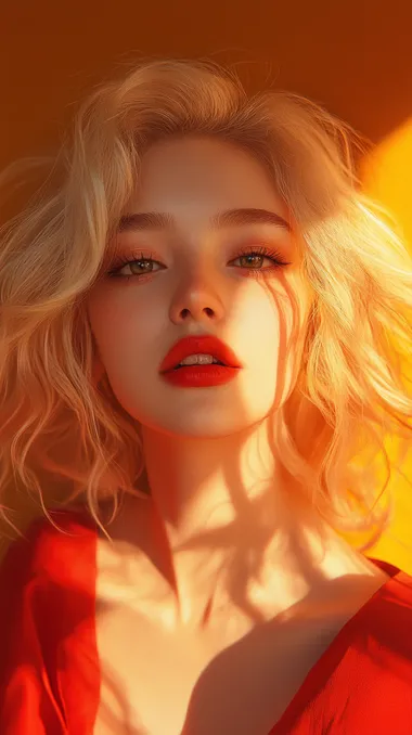 Girl, beautiful, deep gaze, red lips, blonde hair, bright and complete eyes, clearly defined lashes, high-definition quality, hair slightly flowing, each strand of hair clearly defined, red dress, strong colors, perfect light and shadow effects, flat art, vaporwave, best quality, yellow tone, harmonious colors.