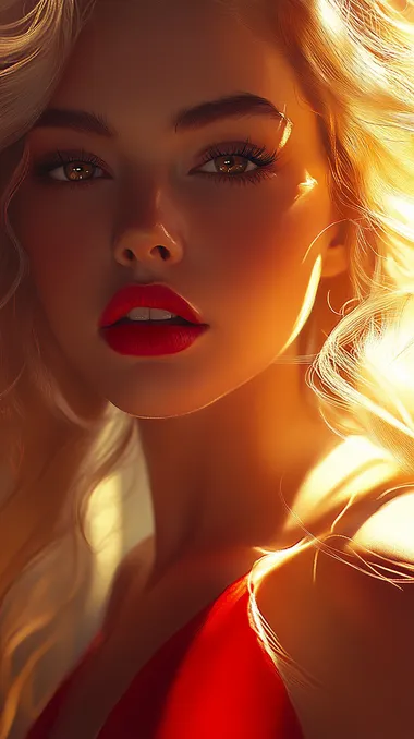 Girl, beautiful, deep gaze, red lips, blonde hair, bright and complete eyes, clearly defined lashes, high-definition quality, hair slightly flowing, each strand of hair clearly defined, red dress, strong colors, perfect light and shadow effects, flat art, vaporwave, best quality, yellow tone, harmonious colors.