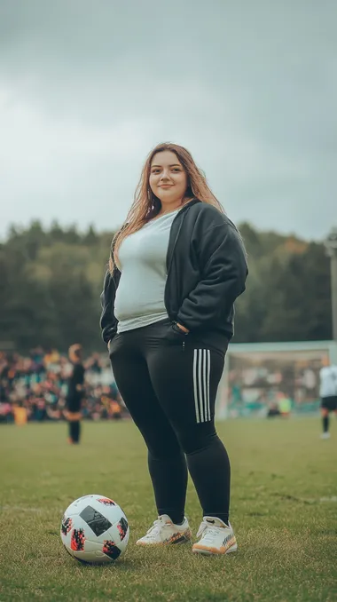 full body, beautiful chubby slavic girl,Football Player The background is a soccer field and spectators