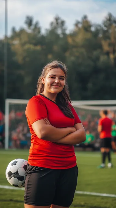 full body, beautiful chubby slavic girl,Football Player The background is a soccer field and spectators