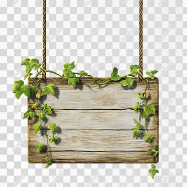 Illustrated blank wooden hanging sign, with vines, isolated on white background