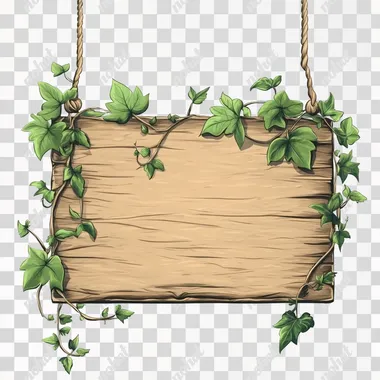 Illustrated blank wooden hanging sign, with vines, isolated on white background