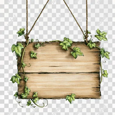 Illustrated blank wooden hanging sign, with vines, isolated on white background